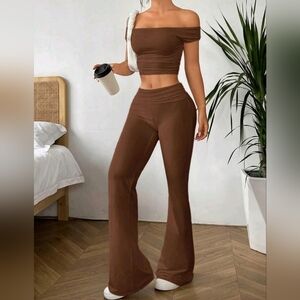 SHEIN EZwear 2pcs Women Off Shoulder Solid Color Top And Pants Set